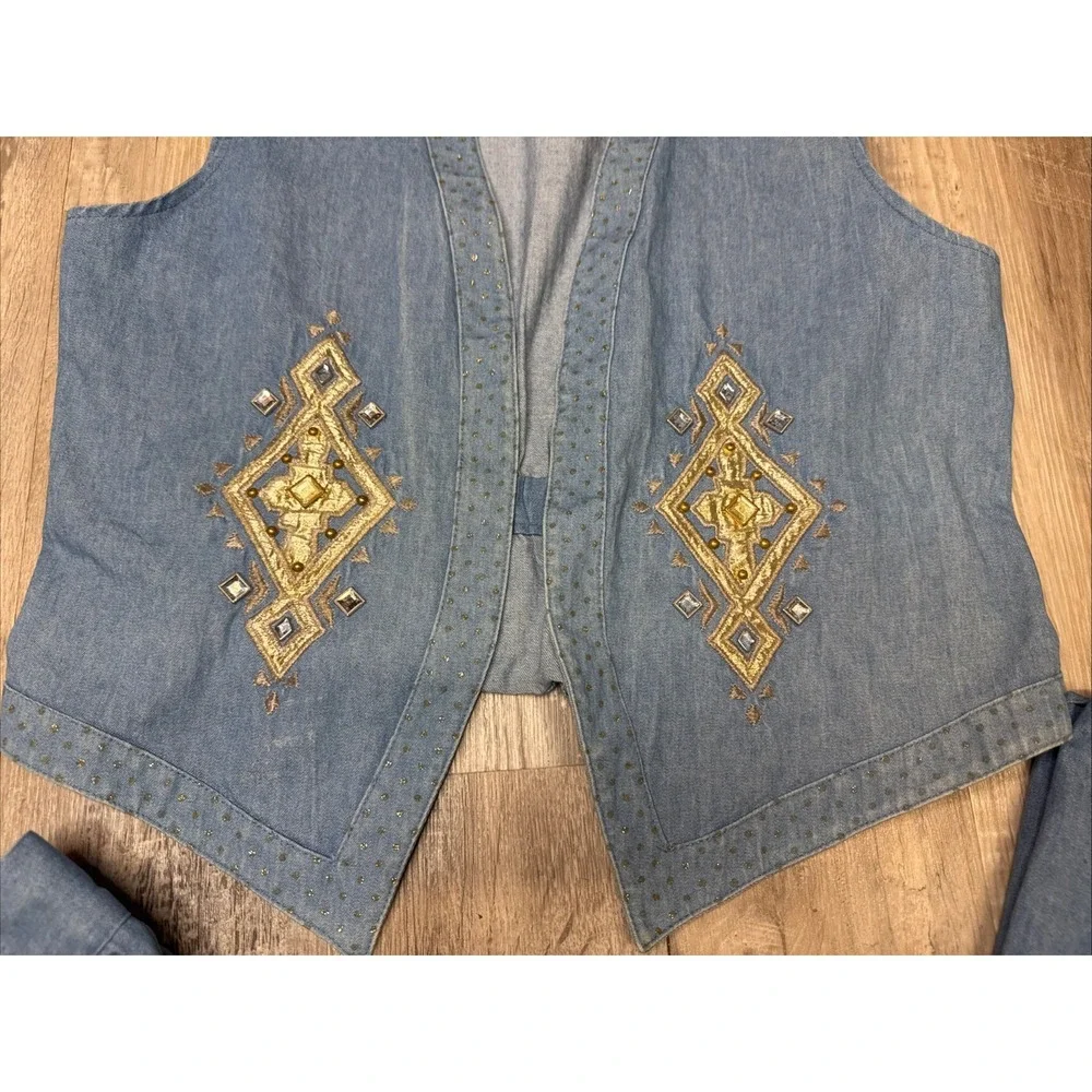 Vtg 2 Pc City Girl western Rockabilly Denim Pants Vest‎ Embellished Rhinestone M